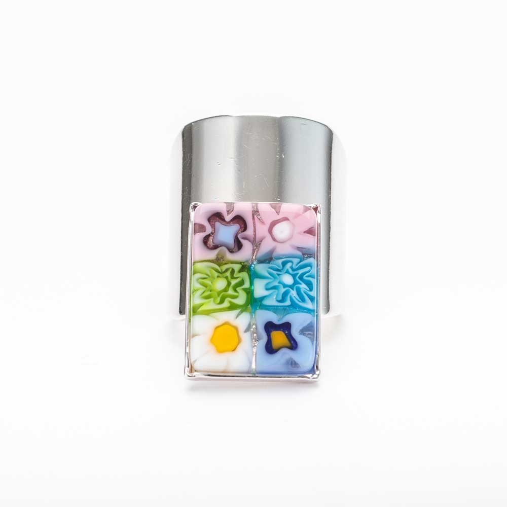 Ercole-Moretti-Madame-collection-anello-con-murrine-in-vetro-di-Murano-glass-adjustable-ring-Charlize-10153AN_200_1.jpg Adjustable silvery Charlize ring with 6 multicolor Millefiori Murano glass - immagine 1